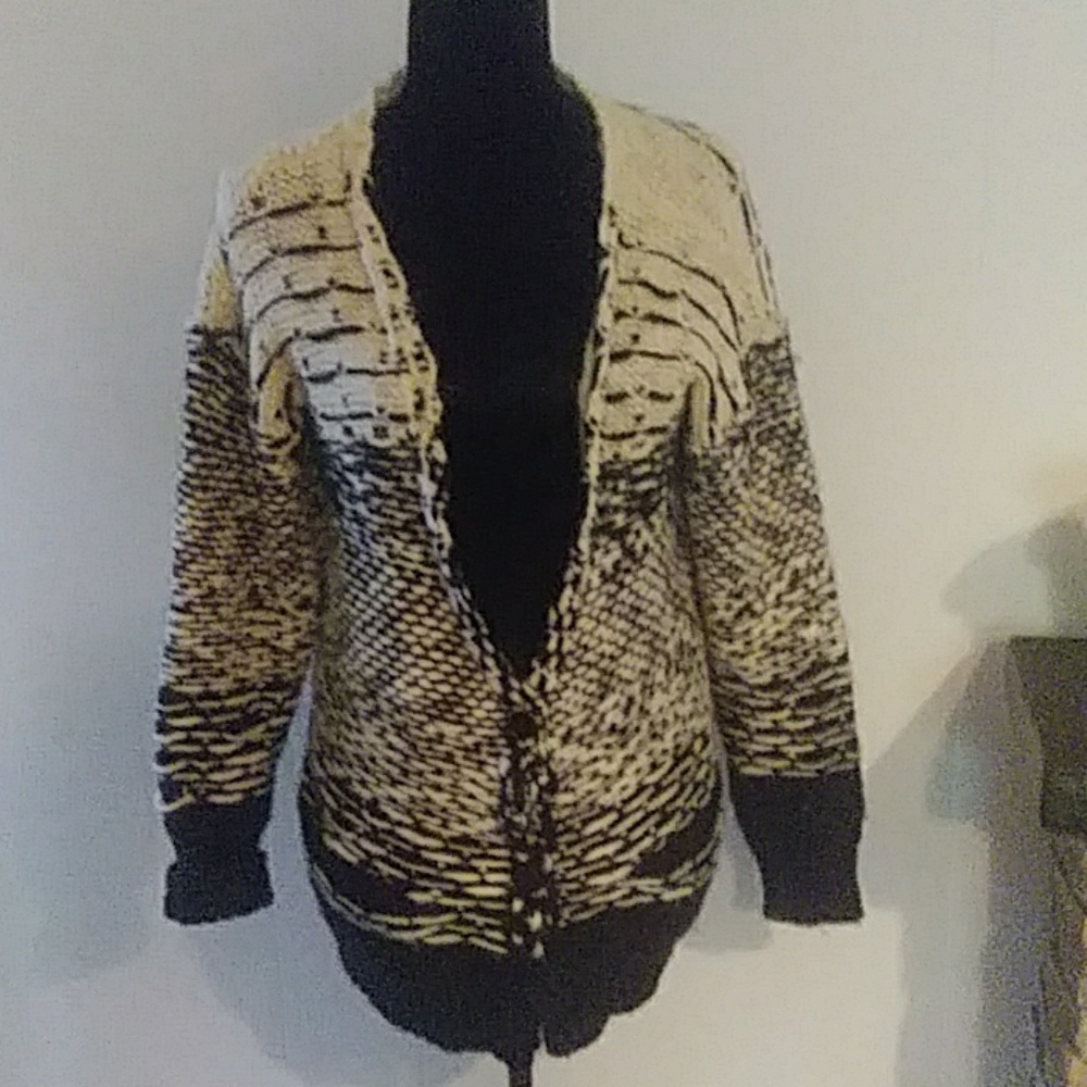 Black/white wool blend cardigan sweater.